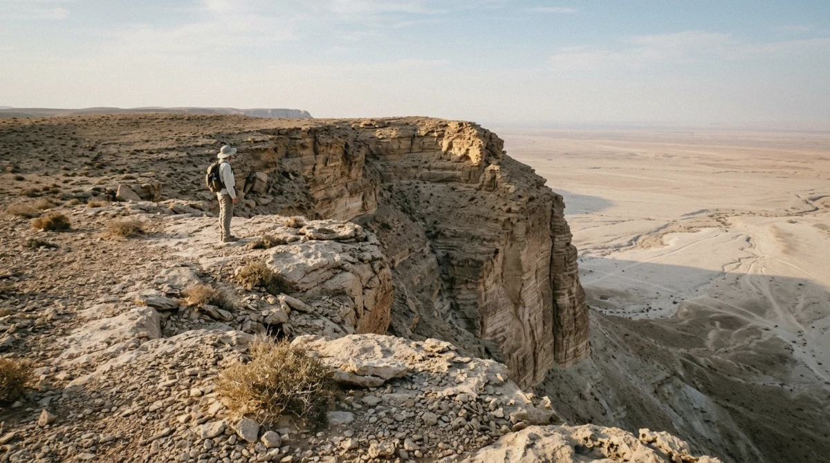 The unfenced limestone rim of Jebel Fihrayn dropping to the desert plain, the viewpoint reached on an Edge of the World Riyadh tour
