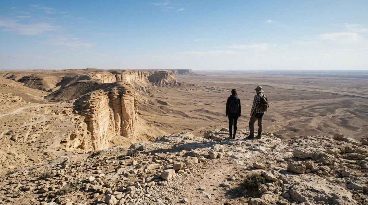A traveller standing well back from the unfenced rim at the Edge of the World near Riyadh, evening light on the limestone cliff